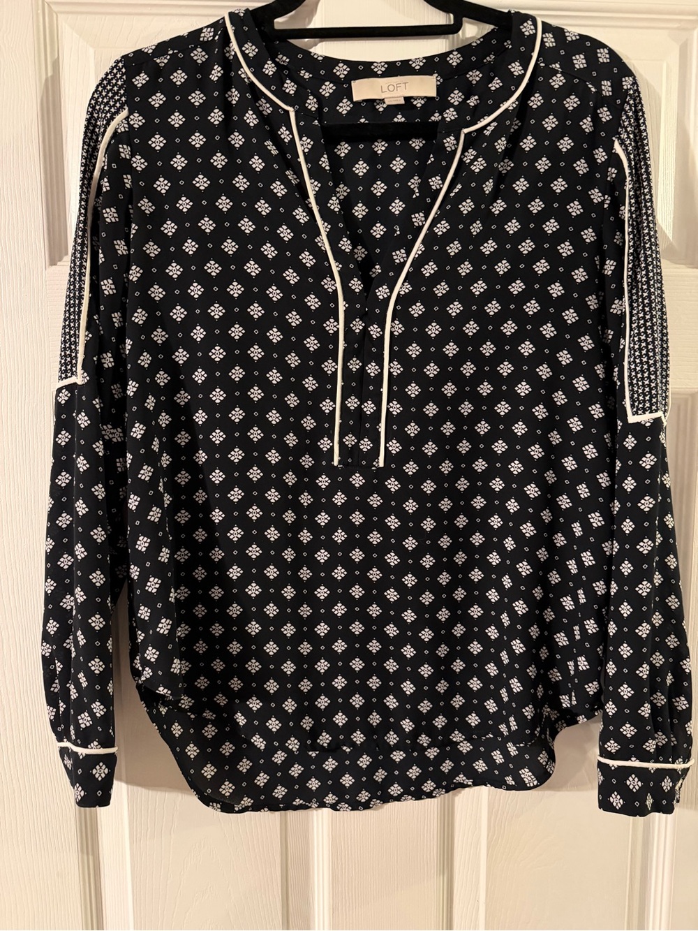 LOFT Navy and White Geometric Print Button-Down Shirt